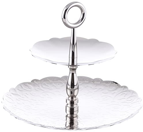 Alessi MW52/2 Dressed for X-Mas Etagere mit Zwei Ebenen aus Edelstahl 18/10 glänzend poliert mit Reliefdekor, Stahl, Silber, 25 x 25 x 21.00 cm,