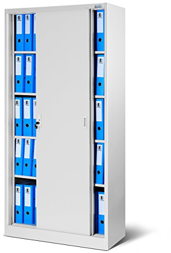 Jan Nowak Aktenschrank Büroschrank mit Schiebetüren Metall 4 Fachböden Pulverbeschichtung Abschließbar 185 cm x 90 cm x 40 cm (Grau)