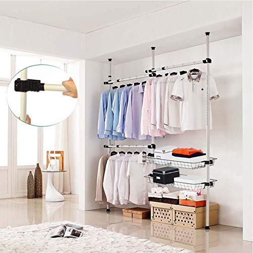 Zerone Heavy Duty Clothes Rack, 3 Poles 4 Bars Telescopic Coat Hanger Wardrobe Organiser Garment Rack with Hanging Rail Stainless Steel Poles and Bars, 60kg Load, Adjustable 281cm-329cm