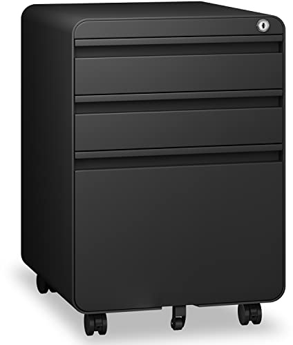 Dripex 3 Drawer Black File Cabinet, Mobile Under Desk Storage File Cabinet with Lock on Wheels, Letter/Legal Size,Fully Assembled, Small Short Vertical Metal Rolling Filing Cabinets for Home Office