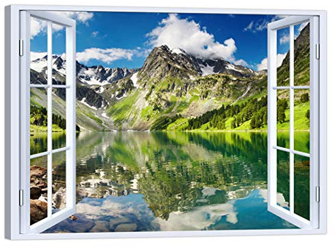 LuxHomeDecor Quadro Finestra Montagna Lago 100x75 cm Stampa su Tela con Telaio in Legno Arredamento Arte Arredo Moderno