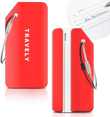 Travely Premium Kofferanhänger - leicht Erkennbar, Robust & Sicher - inkl. Namensschild und Privatsphäre Schutz I Vielseitig und Praktische Adressanhänger, Namensanhänger & Gepäckanhänger