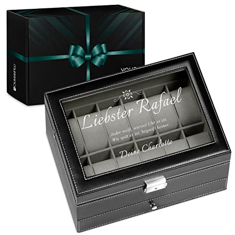 Maverton Uhrenbox mit Gravur für 12 Uhren & Schmuck - 30x20x13cm - Uhrenkasten aus Kunstleder - Schwarz - Geschenk für Männer - Zitat