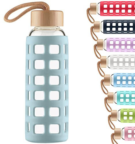 Cleesmil Sport Trinkflasche Glas Wasserflasche mit Silikonhülle mit Bambus Deckel 1000 ml (Hellblau)