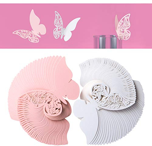 Kesote 100x Tischkarten Schmetterling Hochzeit Nameskarten Glasanhänger Platzkarten Taufe Kommunion Tischdeko (Weiß und Rosa)