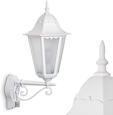 HOFSTEIN Außenwandleuchte Hongkong FROST, Außenwandlampe mit Bewegungsmelder aus Metall/Milchglas in Weiß, Wechselscheiben Klar, Wandleuchte Up im Retro-Stil, E27, IP44, Eingangsbereich, Haustür
