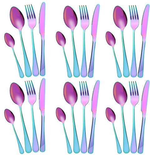Cutlery Flatware Set，24 Piece Silverware Set with Gift Box Stainless Steel Tableware Dinnerware Sets Knife Fork Spoon, Service for 6 Multipurpose Use Safe for Home Kitchen Party-Colorful
