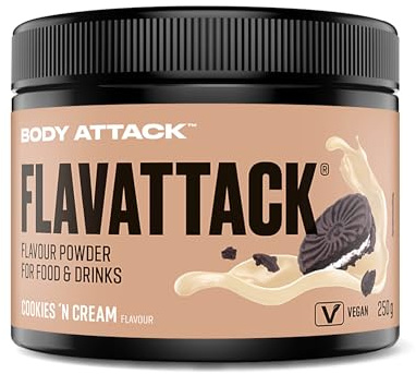 Body Attack FlavTASTIC® Cookies n Cream 250g / 83 raciones - sabor intensivo en polvo para caliente y frío y para hornear, vegano, sin aceite de palma ni aspartamo, Made in Germany