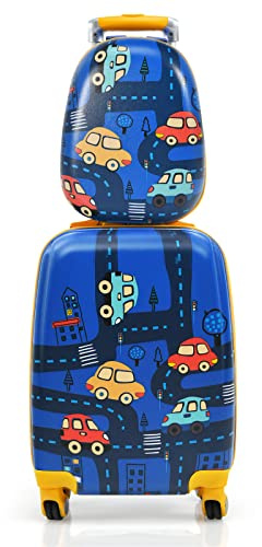 Goplus Kids Luggage Set, 12 & 18 Kids Carry On Luggage Set, Multi-directional Wheels Suitcase, Large Capacity Rolling Trolley Suitcase, Gift for Boys and Girls Toddlers Children Travel (Car)