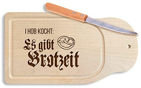 Bavariashop - Brotzeitbrett I hob kocht: Es gibt Brotzeit Schneidebrett aus Ahorn-Holz, Frühstücksbrett mit Messer