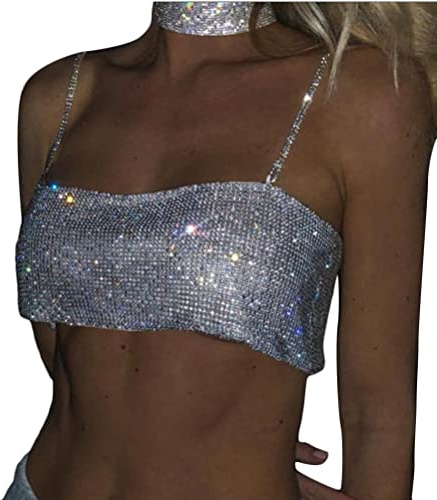 Onsoyours Bling Strass Party Crop Top Fashion Solid Backless Straps Voll Diamanten Pailletten Cami Cropped Top für Frauen C Silber S