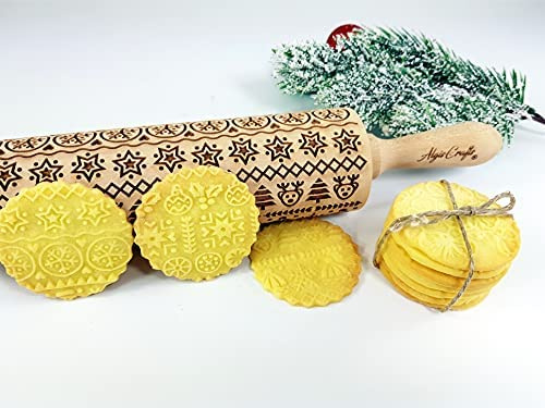Nudelholz mit Muster Weihnachten Backen - Teigroller Holz für DIY Weihnachten Plätzchen - Graviert Plätzchenrolle mit Motiv - 3D Plätzchen Roller WINTER von Algis Crafts