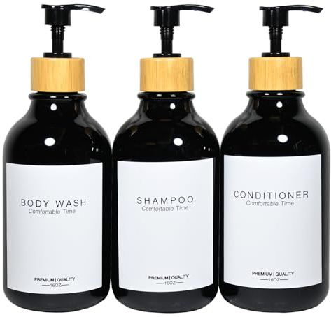 Schampo och balsamflaskor, apotekare dispenser bambu pump, påfyllningsbara schampoflaskor för schampo lotion olja duschtvål handtvål och disktvål, svart plast set (svart)