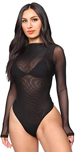 Morices Women Long Sleeves Bodysuit Stretch Sheer Mesh See Through Black Jumpsuit Top Leotard Clubwear-L