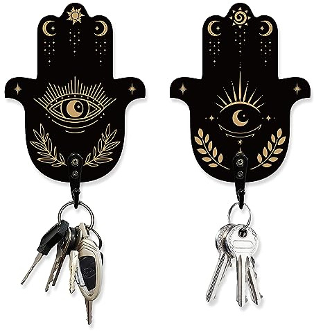 AHANDMAKER 2 Sets Hamsa Hand Key Holder, Divination Text Wall Hooks Key Holder for Wall Key Organizer Decorations, Mystical Decor Hanger for Room Wooden Hooks for Keys Home Decor with Hook