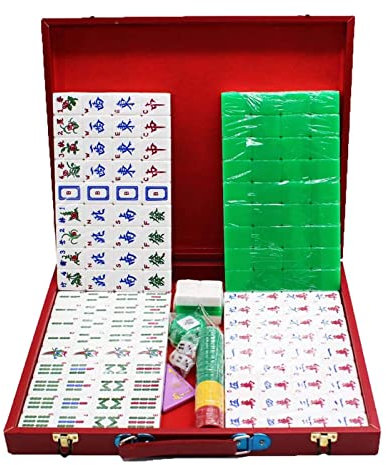 ZEONIK Mahjong Mahjong-Sets, chinesisches Mahjong-Spielset mit Tragetasche, 144 Spielsteinen, 3 Würfeln und 1 Windanzeiger für Familienunterhaltung auf Reisen Mahjong Spiel