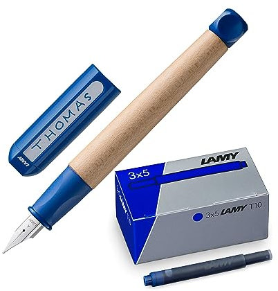 Lamy Set kindgerechter Schreiblernfüller 009 aus Ahornholz, rutschfestem Griffstück in blau, Stahlfeder für Anfänger T10 3er Set Tintenpatronen in original Umkarton - Tintenfarbe blau