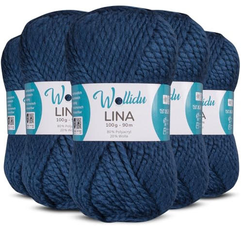 Wollidu Lina Wolle zum Stricken und Häkeln 500g 80% Polyacryl 20% Schafwolle Mulesing-frei Oeko-Tex 5x 100g/90m Häkelwolle/Strickwolle - Marineblau