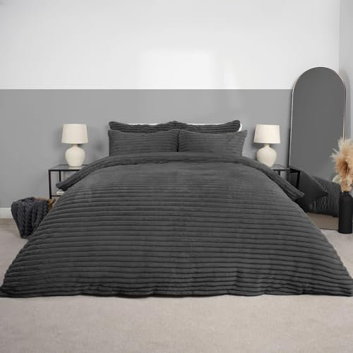 OHS Duvet Double Cover Grey Chunky Ribbed, Reverse Teddy Fleece Duvet Double Bed Winter Bedding Soft Warm Fluffy Quilt with Pillowcases