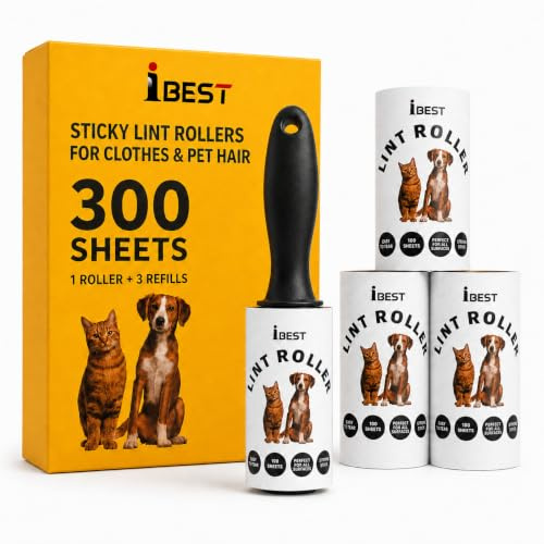 iBest UK Fusselrollen für Tierhaare, Kleidung, Teppich, Klebriger Flint Flaum Staub Fusselentferner | Packung mit 3 wiederverwendbaren Nachfüllpackungen (300 Blatt)