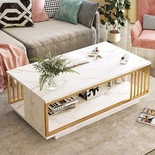 GQMYCDM Modern Coffee Table with Storage, Faux Marble Top Rectangle Coffee Table with Black/Gold Metal Frame, 2 Tier Coffee Tables for Living Room (Color : Bianco, Size : 39in/100cm)