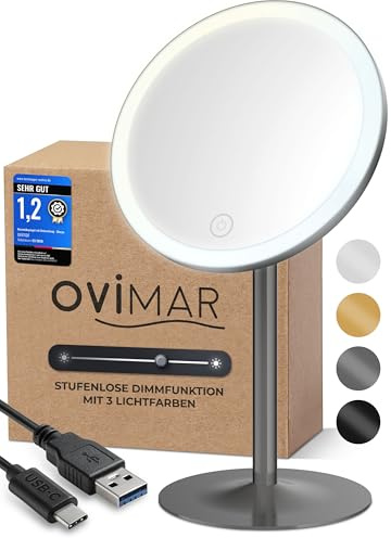 ovimar Kosmetikspiegel Larstind Gunmetal | mit Beleuchtung | wiederaufladbar | freistehend | im Badezimmer | 5fach Vergrößerungsspiegel | Schminkspiegel mit Licht | 360 Grad Spiegel