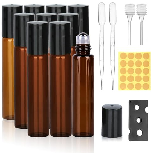 Jizxol Roll On Esenciales, Paquete de 10, Botella Vacía 10 ml, Botellas Rolón Recargables con Bola de Rodillo de Acero Inoxidable