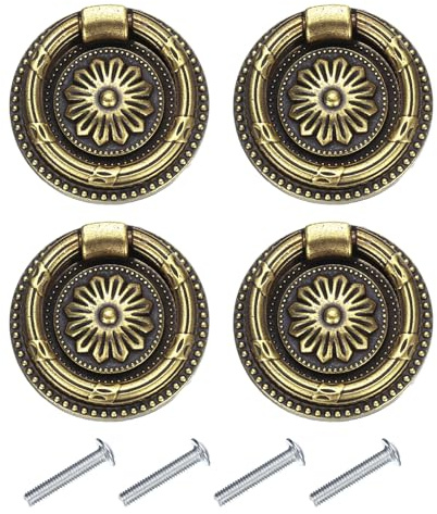 QUARKZMAN 4 Set Maniglie Vintage a Ring per Cassetti Pomelli Retrò Cassettiere con Viti Lega Zinco per Cassettiere Mobili Armadietti Bronzo (1,9 Lungo)