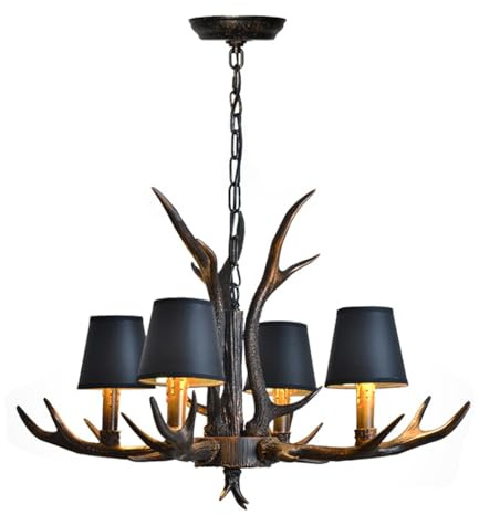HEYUN Geweih Kronleuchter Vintage Industriestil Hängelampe Pergament Lampenschirm Harzsockel Pendelleuchte Höhenverstellbare Pendellampe Wohnzimmer Café Bar Esszimmer Deckenleuchte (Color : 4 Black)