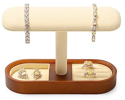 Papten Supporto per orologio in legno, supporto per orologio da polso, con anelli, orecchini, organizer per gioielli, display per uomo e donna (beige)