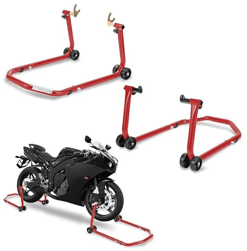 Izrielar Montageständer Vorne und Hinten, Motorrad Ständer Motorradheber, Montagelift Frontständer, breitenverstellbar, Wartungs-/Montagearbeiten für Motorräder bis 300 kg, Rot