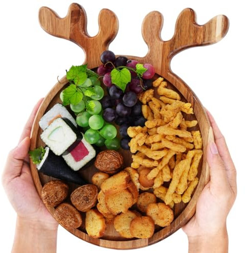 Serviertablett aus Akazienholz mit Hirschgeweihgriff, elegante Frühstücksteeteller, Snackteller aus Holz, dekorative Obstschale für Veranstaltungen und Geschenke