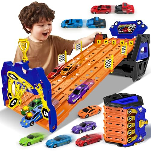 BuzzoXerex 5 en 1 Pista de Coches, Camión de Transporte con 5 Vehículos, Juguete Enrrollable Pista de Carreras para Niños, Regalo Coche de Juguete para Niño 3 4 5 6 7 8 Años