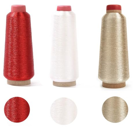 Kreuzstich Fäden Metallic Stickgarn,RoadLoo 3 Rollen Metallisch Faden Glitzer Stickgarn Stickerei Zahnseide-Kreuzstichfaden für Computerized Stickerei und Dekoratives Nähen Dekoration (Rot)