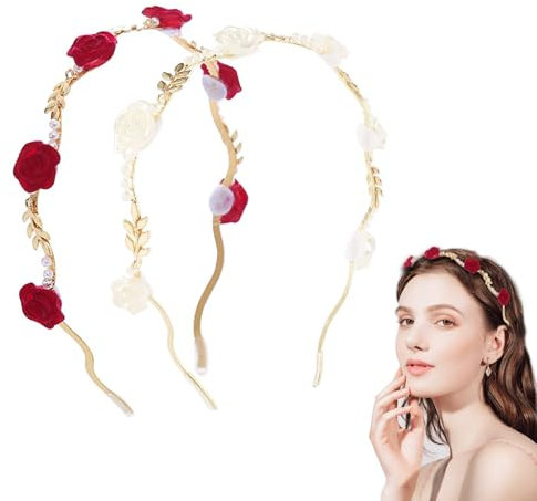 Ceeyoll 2 Stück Stirnband Mit Rosenperlen,Elegante Dirndl Haar Accessoire,Stirnband Aus Roten Und Weißen Rosenperlen, Perfekt für Jedes Outfit, Hochzeit Braut Kopfschmuck, für Partys,Feste,Reisen