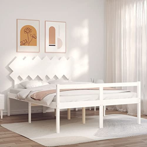 OHOOWOO Seniorenbett mit Kopfteil Weiß Kingsize Massivholz,Hochwertiges Seniorenbett aus Massivholz mit Sitzhöhe 45 cm und praktischem Stauraum
