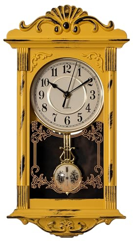 Clockswise Orologio da parete in stile vintage con pendolo in plastica effetto legno, funzionamento a batteria, per decorazione casa, soggiorno, ufficio, cucina o sala da pranzo, colore: giallo con