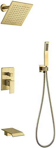Duschsystem, gebürstetes Gold, verdecktes Duscharmaturen-Set, Wandmontage, modernes Dusch-Mischbatterie-Set aus Messing mit Handbrause und 20 x 20 cm Kopfbrause, einfache Installation