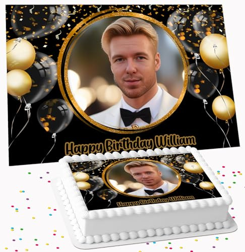 YOUR OWN PHOTO BLACK & GOLD BALLOONS WITH PERSONALISED MESSAGE EDIBLE ICING LARGE CAKE TOPPER DECORATION SUITABLE FOR USE ON COSTCO CAKE R2-920