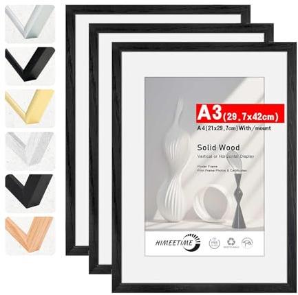 HIMEETIME® 3x Bilderrahmen DIN A3 30x42 cm Schwarz Holz Fotorahmen aus Massivholz Rahmen,Bild mit Passepartout Display 10x15cm,für Wandbehänge oder Tischdekoration
