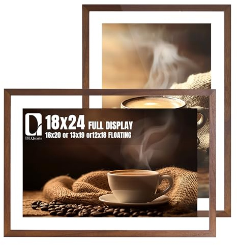 DLQuarts 18x24 Floating Picture Frame for 16x20/13x19/12x18/11x14 Photos, 2-Pack Solid Wood Double Plexiglass Wall Art Frames, Any Size Photo up to 18x24 Display, Dark Walnut