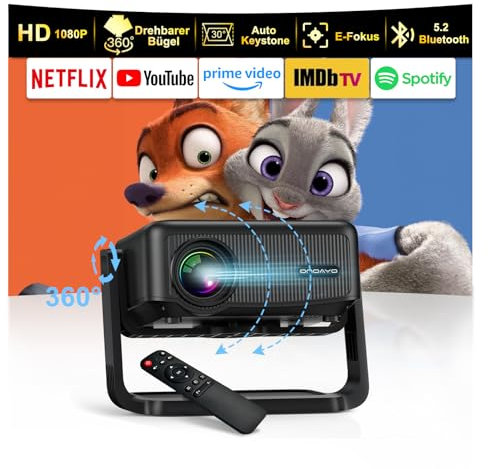 Mini Beamer 【360° Drehbarem Ständer & Auto Keystone & E-Fokus】FHD 1080P 22000LM Projektor mit WiFi6 und Bluetooth 5.2,70%Zoom ONOAYO abnehmbar Outdoor Heimkino Beamer Kompatibel mit Handy,PC,TV-Sticks