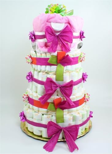 TORTA DI PANNOLINI A PIANI PREMIUM ROSA 152 Pannolini nella misura MINI 3-6 Kg e 4-9 Kg, 1 accappatoio taglia 12m+, 10 prodotti di cosmesi di qualità e un set pappa 12m+. Made in Italy
