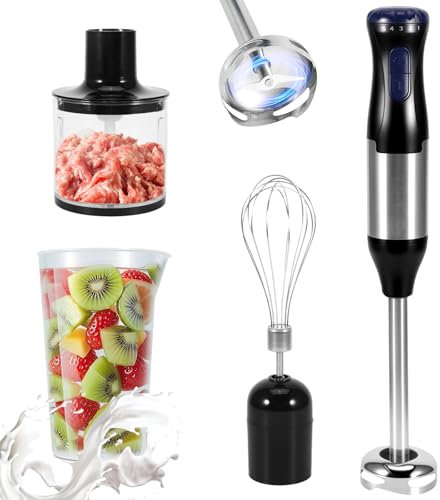 Viitech 4-in-1 Hand Blender, 1000W Stainless Steel Electric Stick Blender with 500ml Chopper and 700ml Measuring Cup, 5 Speeds Adjustable Handheld Blender Food Processor