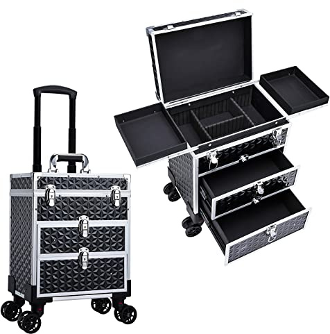 Beauty Trolley on Wheels Makeup Box Vanity Case Make Up Trolley On Wheels with Drawers Hairdressing Trolley Make Up Storage Organiser Box Nail Technician Case with Keys Black