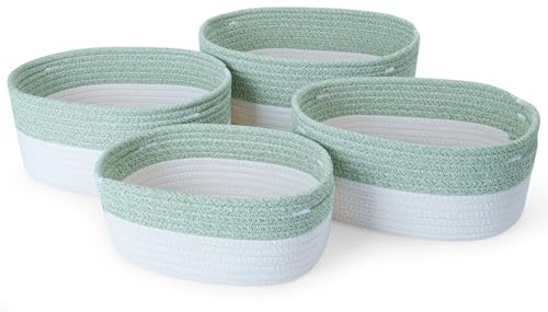 Ezvsevuo 4 Pezzi Cestini Portaoggetti in Corda di Cotone Intrecciato, Cesto Portaoggetti Ceste con Manici, Cestino Impilabile Organizer per Camera, Bagno, Armadio, Bambini, Soggiorno, Bianco & Verde