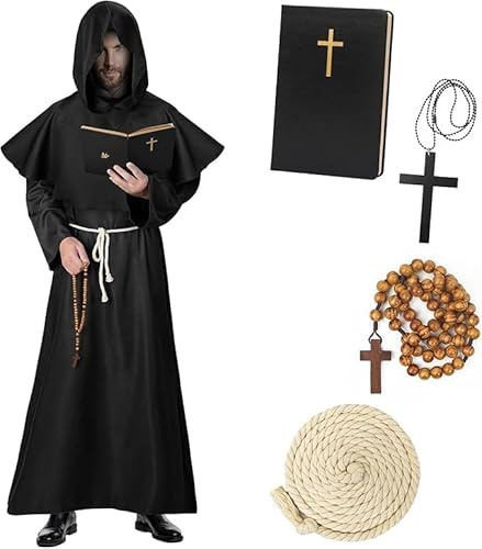 Haozozo Costume d'Halloween pour homme, costume de moine avec robe de moine, carnets classiques et décorations croisées, costume de moine médiéval pour homme, pour carnaval, Halloween
