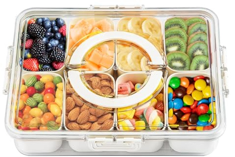 Snackbox mit 8 Fächern, Snackschale mit Deckel und Griff, Snackteller mit Herausnehmbare Fächer für Süßigkeiten Obst Keksen Dessert Gemüse Nüsse, Tragbar Snacktablett Organizer, Spülmaschinenfest