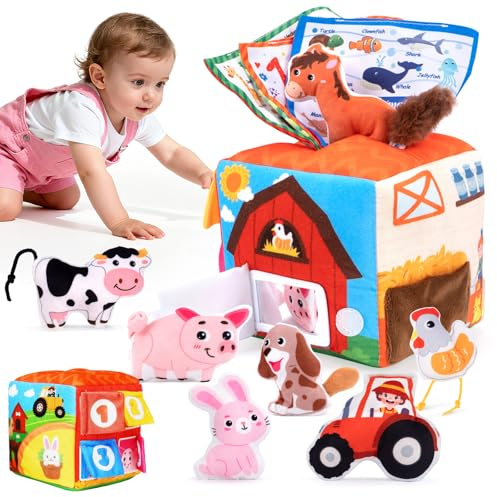 kidmance Juguetes 1 Niños Año, Juguete Sensorial Montessori de Granja para Bebés - Sonajero, Peluche y Paño - Estimulante y Calmante - para 6 a 24 Meses