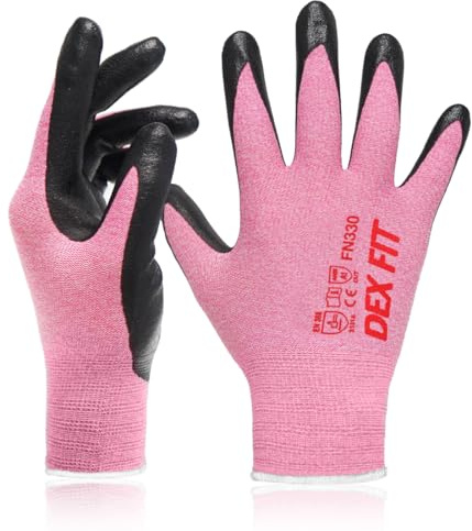 DEX FIT Nitrile Work Gloves FN330, 3D Comfort Fit, Touchscreen Grip Gloves for Warehouse, Construction, DIY, Gardening & General Work, Men & Women Pink, S, 1 Pair